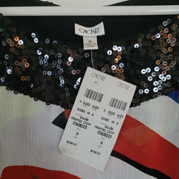 NWT Cache Sz M Sequin Geometric Printed Chiffon Silk Dress With Black Slip - Picture 4 of 10